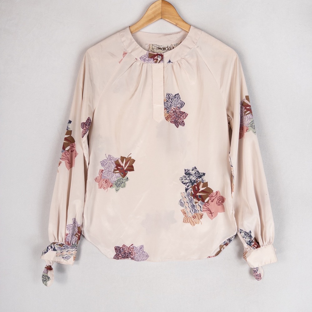 Amanda Womens Blouse 7/8 Pink Floral Satin Tie Cuff Feminine Vintage *